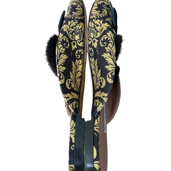 Tabitha Simmons Masha Mink-Trim Brocade Mule Black Gold 40 size 10 - Picture 8 of 9